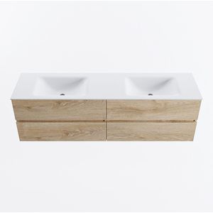 Mondiaz vica 170 cm badmeubel onderkast washed oak 4 lades. Wastafel cloud dubbel 2 kraangaten, kleur talc.