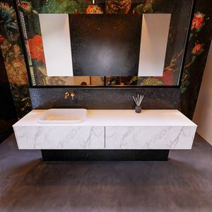 Badkamermeubelset mondiaz erin 200 cm met 2 lades met ridge wastafel links talc zonder kraangaten greeploos mat carrara
