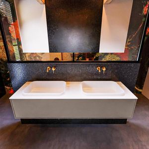 Badkamermeubelset mondiaz erin 150 cm met 1 lade met ridge wastafel dubbel talc zonder kraangaten greeploos mat smoke
