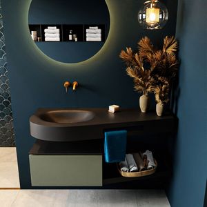 Mondiaz riva 120 cm badmeubel onderkast /planchet kleur army met 1 lade. Wastafel dulcet links 0 kraangaten kleur urban.