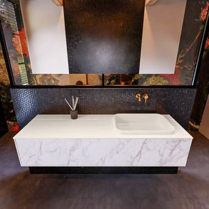 Badkamermeubelset mondiaz erin 150 cm met 1 lade met ridge wastafel rechts linen zonder kraangaten greeploos mat carrara