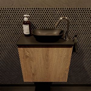 Mondiaz Fowy toiletmeubel 50cm washed oak met zwarte waskom rechts en kraangat