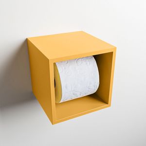 Mondiaz easy toiletrolhouder cube 160 solid surface 16x16 cm kleur ocher. Geschikt voor op en inbouw.