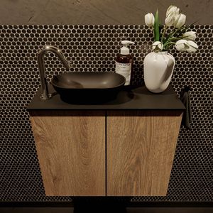 Mondiaz Fowy toiletmeubel 60cm washed oak met zwarte waskom links en kraangat