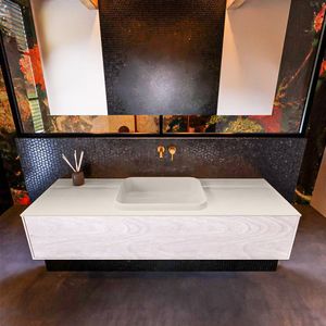 Badkamermeubelset mondiaz erin 150 cm met 1 lade met ridge wastafel midden linen zonder kraangaten greeploos mat underlayment