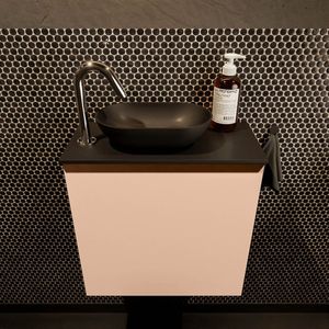 Mondiaz Fowy toiletmeubel 50cm rosee met zwarte waskom links en kraangat