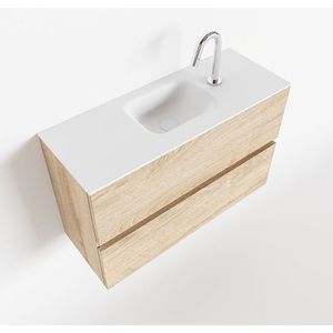 MONDIAZ ADA Toiletmeubel - 80x30x50cm - 1 kraangat - 2 lades - washed oak mat - wasbak midden - Solid surface - Wit FK75341981