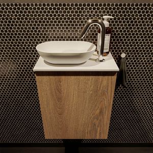 Mondiaz Fowy Toiletmeubel - 40x50x23cm - washed oak mat - 1 kraangat - wasbak links - 1 deur - solid surface - blad Melamine - wasbak: Wit / Zwart FOWY59001washedoaktalc