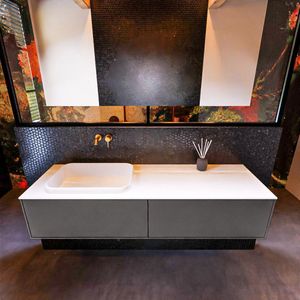 Badkamermeubelset Mondiaz Erin 150 cm met 2 Lades met RIDGE Wastafel Links Talc Zonder Kraangaten Greeploos Mat Dark Grey