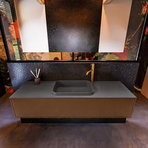 Badkamermeubelset mondiaz erin 150 cm met 1 lade met ridge wastafel midden dark grey met 1 kraangat greeploos mat rust