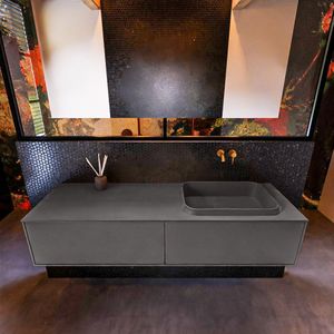 Badkamermeubelset mondiaz erin 150 cm met 2 lades met ridge wastafel rechts dark grey zonder kraangaten greeploos mat dark grey