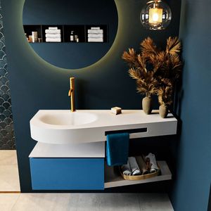 MONDIAZ RIVA 120cm badmeubel onderkast / planchet  kleur Jeans met 1 lade. Wastafel DULCET links 1 kraangat kleur Talc.