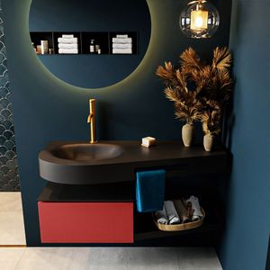 Mondiaz riva 120 cm badmeubel onderkast /planchet kleur fire met 1 lade. Wastafel dulcet links 1 kraangat kleur urban.