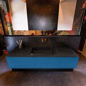 Badkamermeubelset mondiaz erin 150 cm met 1 lade met ridge wastafel midden urban zonder kraangaten greeploos mat jeans