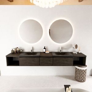 MONDIAZ BUKLA 240cm badmeubel met open module 40 L+R kleur Dark Brown met 3 lades. Wastafel CLOUD dubbel 2 kraangaten kleur Urban.