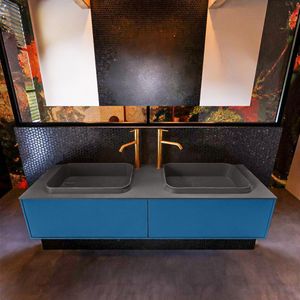 Badkamermeubelset mondiaz erin 150 cm met 2 lades met ridge wastafel dubbel dark grey met 2 kraangaten greeploos mat jeans