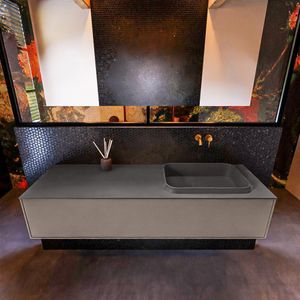 Badkamermeubelset Mondiaz Erin 150 cm met 1 Lade met RIDGE Wastafel Rechts Dark grey Zonder Kraangaten Greeploos Mat Smoke