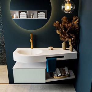 Mondiaz riva 120 cm badmeubel onderkast /planchet kleur greey met 1 lade. Wastafel dulcet links 1 kraangat kleur talc.