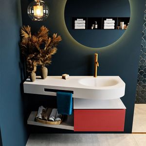 MONDIAZ RIVA 120cm badmeubel onderkast / planchet  kleur Fire met 1 lade. Wastafel DULCET rechts 1 kraangat kleur Talc.