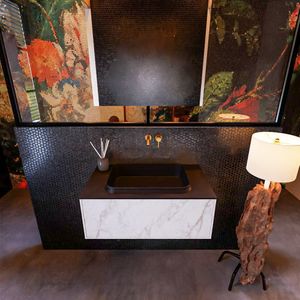 Mondiaz Erin 80cm badmeubel Carrara met 1 lade en zwarte wastafel midden zonder kraangaten