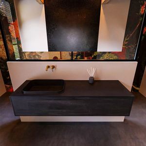 Badkamermeubelset Mondiaz Erin 150 cm met 1 Lade met RIDGE Wastafel Links Urban Zonder Kraangaten Greeploos Mat Dark Brown