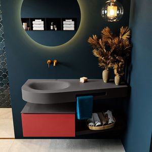 Mondiaz riva 120 cm badmeubel onderkast /planchet kleur fire met 1 lade. Wastafel dulcet links 0 kraangaten kleur dark_grey.