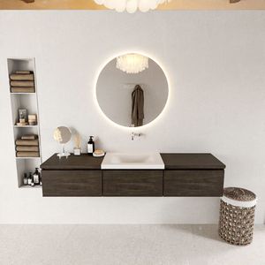 MONDIAZ BUKLA 180cm badmeubel met module 60 kleur Dark Brown met 3 lades. Wastafel CLOUD midden 0 kraangaten kleur Talc.