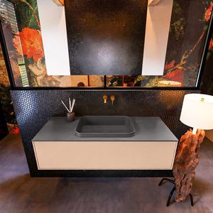 Badkamermeubelset mondiaz erin 120 cm met 1 lade met ridge wastafel midden dark grey zonder kraangaten greeploos mat rosee