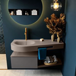 Mondiaz riva 120 cm badmeubel onderkast /planchet kleur dark_grey met 1 lade. Wastafel dulcet links 1 kraangat kleur smoke.