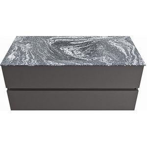 Mondiaz vica-dlux 110 cm badmeubel onderkast dark grey 2 lades. Inbouw wastafel cloud midden zonder kraangat, kleur lava.