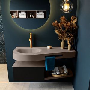 Mondiaz riva 120 cm badmeubel onderkast /planchet kleur urban met 1 lade. Wastafel dulcet links 1 kraangat kleur smoke.