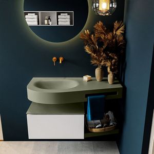 Mondiaz riva 100 cm badmeubel onderkast /planchet kleur talc met 1 lade. Wastafel dulcet links 0 kraangaten kleur army.