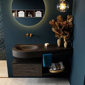 Mondiaz riva 120 cm badmeubel onderkast /planchet kleur dark_brown met 1 lade. Wastafel dulcet links 0 kraangaten kleur urban.