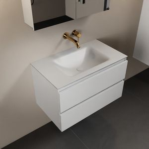 Mondiaz aivy 80 cm badmeubel talc, wastafel talc solid surface midden zonder kraangat met spiegelkast