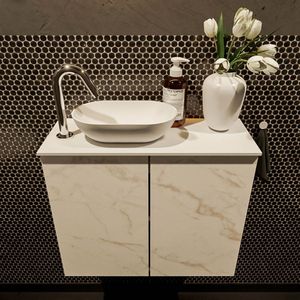 Mondiaz Fowy toiletmeubel 60cm Carrara met witte waskom links en kraangat
