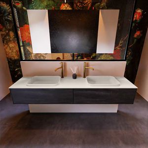 Badkamermeubelset Mondiaz Erin 200 cm met 2 Lades met RIDGE Wastafel Dubbel Linen met 2 kraangaten Greeploos Mat Dark Brown