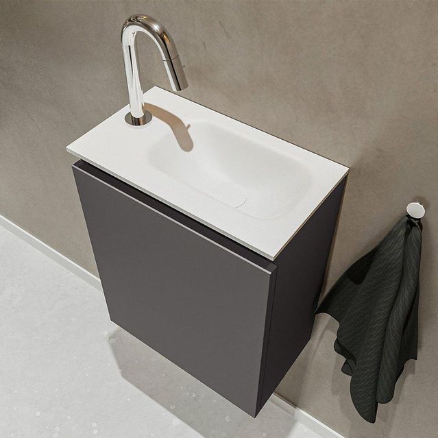 MONDIAZ TURE Fonteinset - 40x23x50cm - 1 kraangat - 1 deur - darkgrey mat - Wasbak rechts - Solid Surface Wit FK75341065