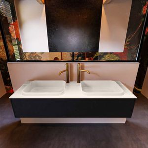 Badkamermeubelset mondiaz erin 150 cm met 1 lade met ridge wastafel dubbel linen met 2 kraangaten greeploos mat urban