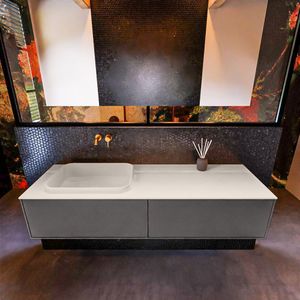 Badkamermeubelset mondiaz erin 150 cm met 2 lades met ridge wastafel links linen zonder kraangaten greeploos mat dark grey