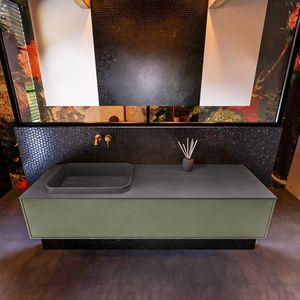 Badkamermeubelset mondiaz erin 150 cm met 1 lade met ridge wastafel links dark grey zonder kraangaten greeploos mat army