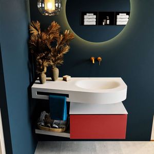 Mondiaz riva 100 cm badmeubel onderkast /planchet kleur fire met 1 lade. Wastafel dulcet rechts 0 kraangaten kleur talc.