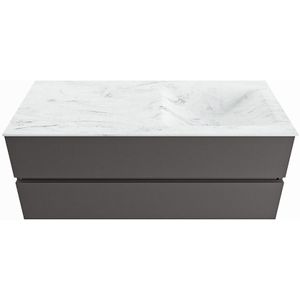 Mondiaz vica-dlux 120 cm badmeubel onderkast dark grey 2 lades. Inbouw wastafel cloud rechts zonder kraangat, kleur opalo.