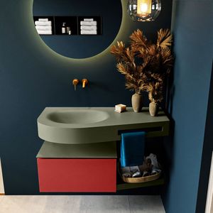 Mondiaz riva 100 cm badmeubel onderkast /planchet kleur fire met 1 lade. Wastafel dulcet links 0 kraangaten kleur army.