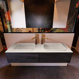 Badkamermeubelset mondiaz erin 150 cm met 2 lades met ridge wastafel dubbel linen met 2 kraangaten greeploos mat dark brown