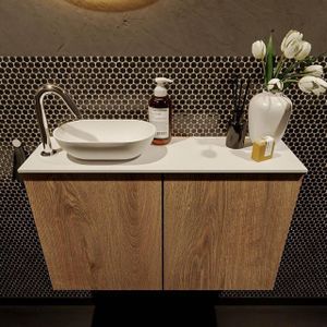 Mondiaz Fowy Toiletmeubel - 80x50x23cm - washed oak mat - 1 kraangat - wasbak links - 2 deuren - solid surface - blad Melamine - wasbak: wit FOWY59014washedoaktalc