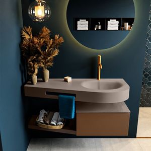 MONDIAZ RIVA 120cm badmeubel onderkast / planchet  kleur Rust met 1 lade. Wastafel DULCET rechts 1 kraangat kleur Smoke.