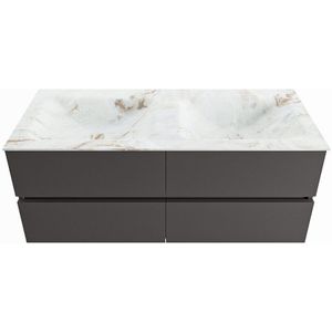 Mondiaz vica-dlux 120 cm badmeubel onderkast dark grey 4 lades. Inbouw wastafel cloud dubbel zonder kraangat, kleur frappe.
