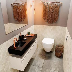 MONDIAZ ANDOR Toiletmeubel - 100x30x30cm - 1 kraangat - 1 lades - linen mat - wasbak links - Solid surface - Zwart FK75343671