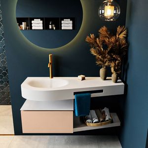 Mondiaz riva 120 cm badmeubel onderkast /planchet kleur rosee met 1 lade. Wastafel dulcet links 1 kraangat kleur talc.