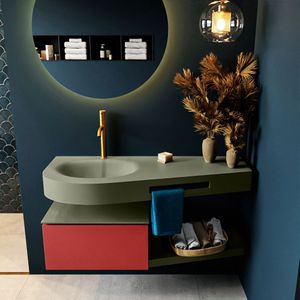 MONDIAZ RIVA 120cm badmeubel onderkast / planchet  kleur Fire met 1 lade. Wastafel DULCET links 1 kraangat kleur Army.